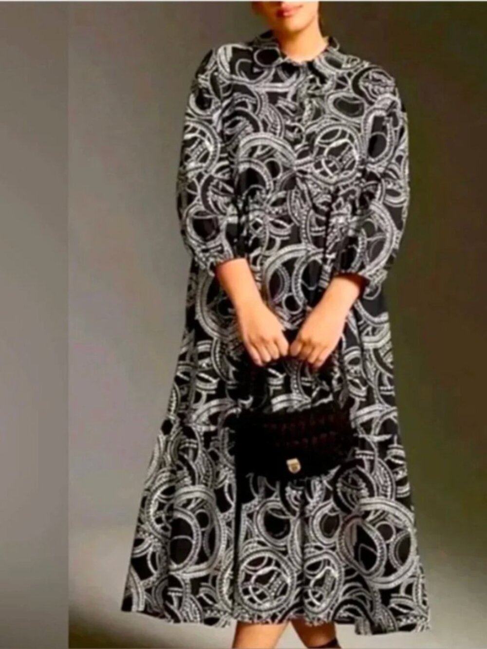 Anthropologie Maeve The Bettina Tiered Shirt Dress Black & White Geo 100% Cotton